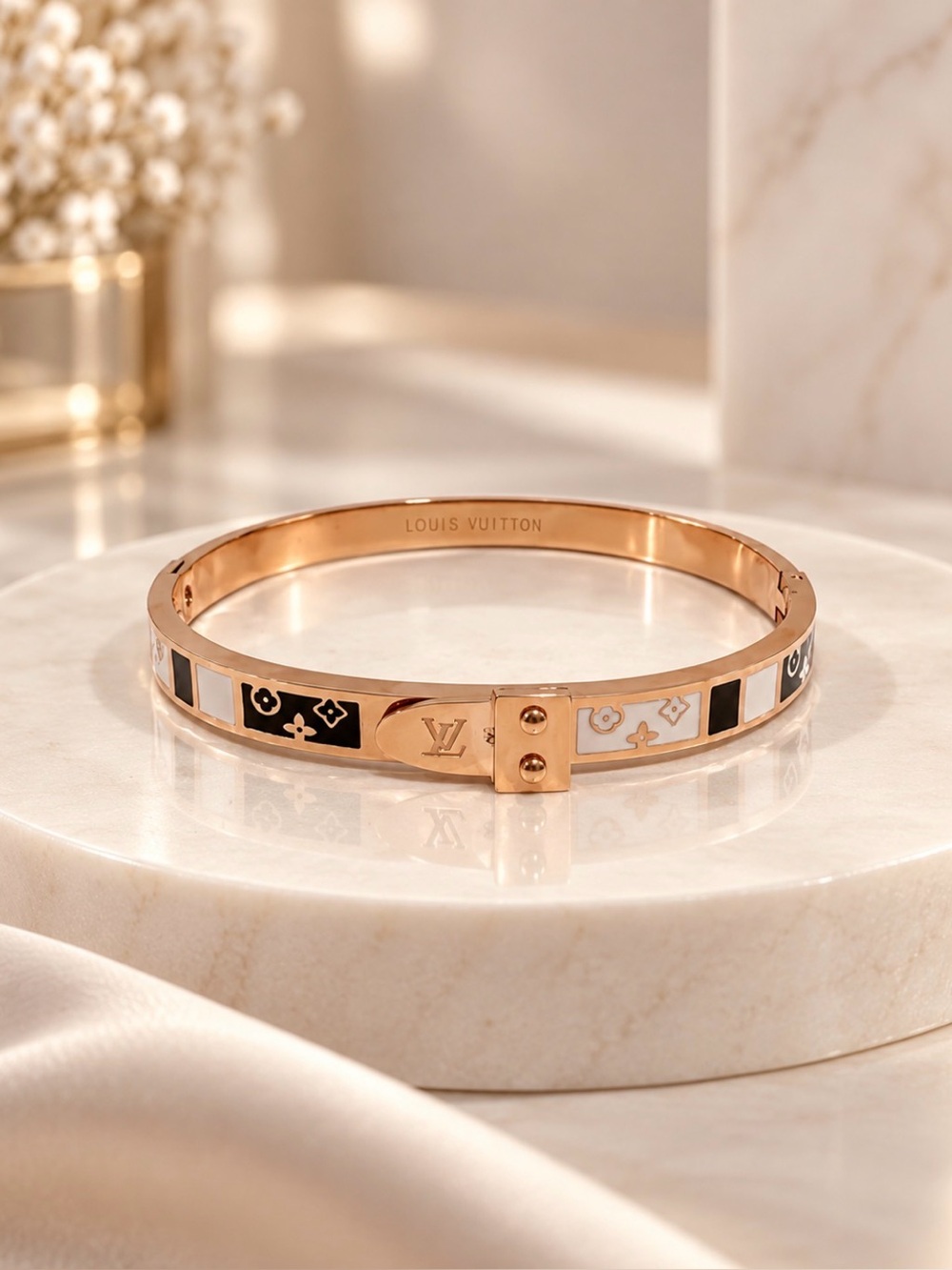 LV Rose Gold Tone Monogram Enamel Bangle Bracelet - Black & White